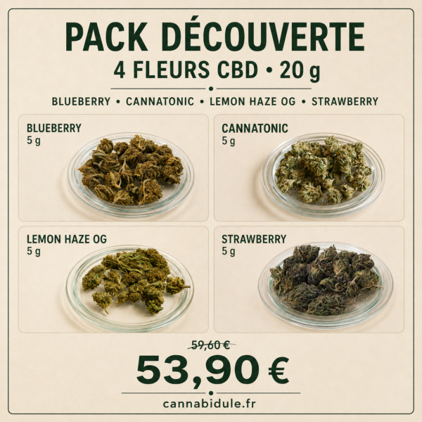 pack decouverte fleurs cbd cannabidule Pack découverte – 4 fleurs CBD – 20 g